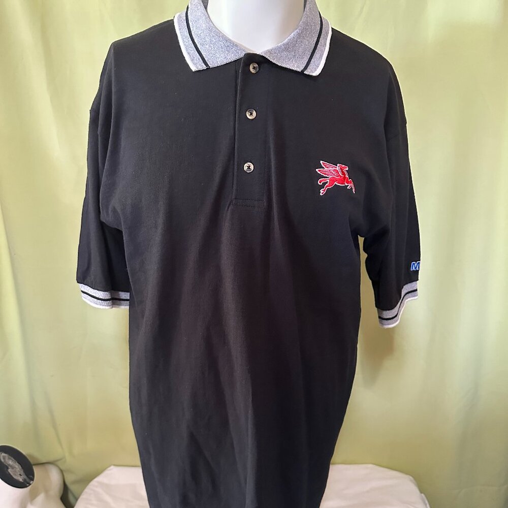 Vintage Mobil Pegasus Logo Men's Black Polo Shirt Size Large Cotton Quail Hollow